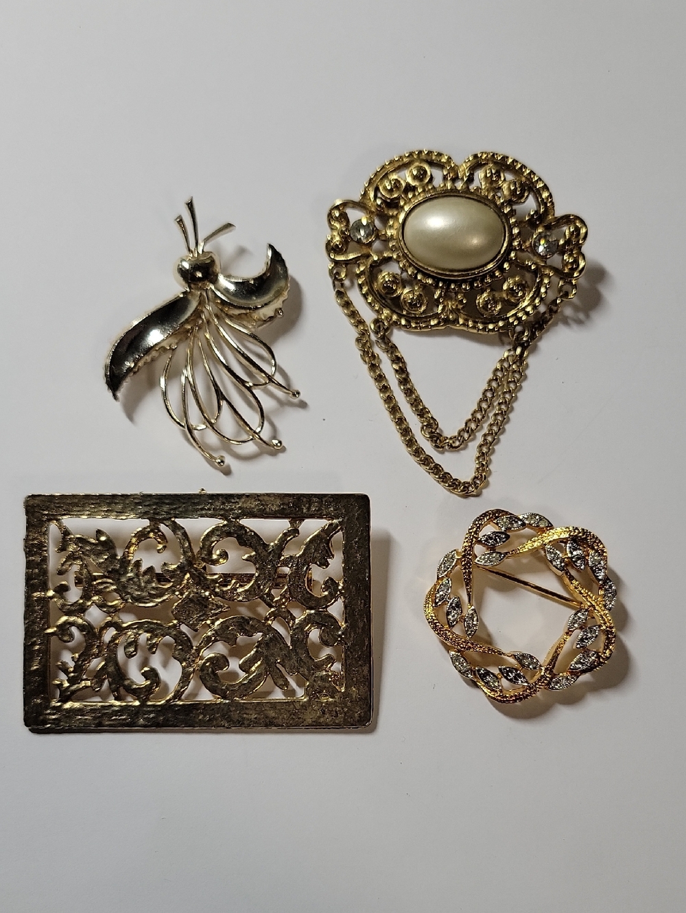 Gold-Tone Women's Brooch Lot with Pearlescent Accent